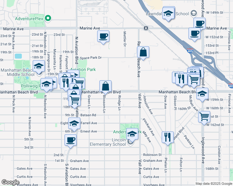 map of restaurants, bars, coffee shops, grocery stores, and more near 2118 Manhattan Beach Boulevard in Redondo Beach