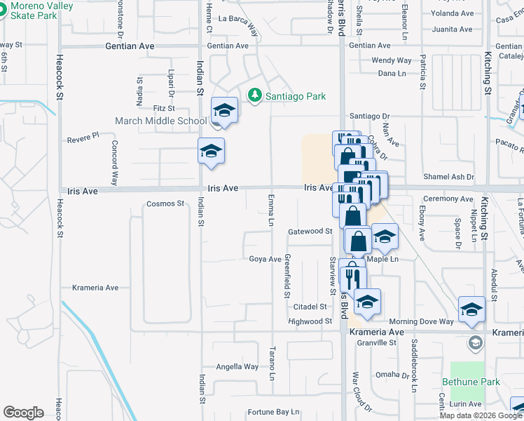 map of restaurants, bars, coffee shops, grocery stores, and more near 24720 Clear Water Drive in Moreno Valley