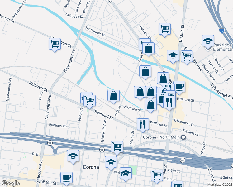 map of restaurants, bars, coffee shops, grocery stores, and more near 310 Cota Street in Corona