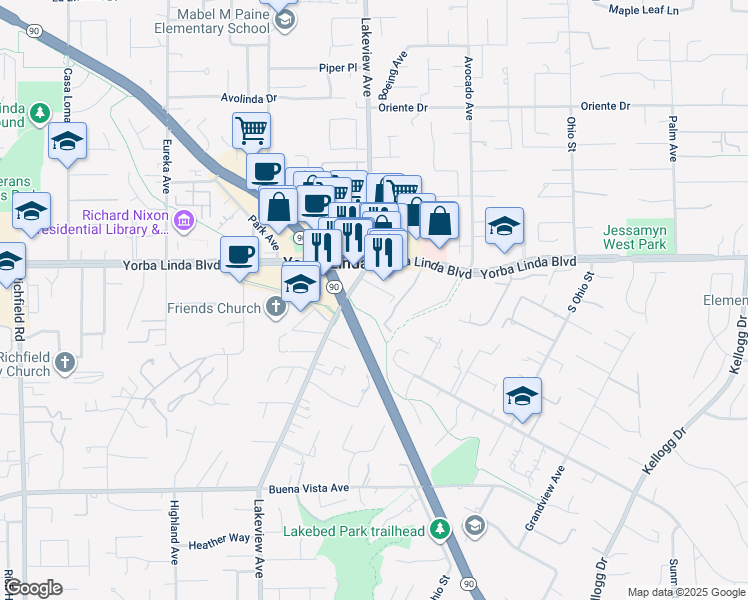 map of restaurants, bars, coffee shops, grocery stores, and more near 5130 Lakeview Avenue in Yorba Linda