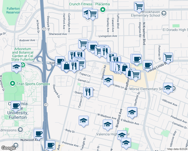 map of restaurants, bars, coffee shops, grocery stores, and more near 3130 Topaz Lane in Fullerton