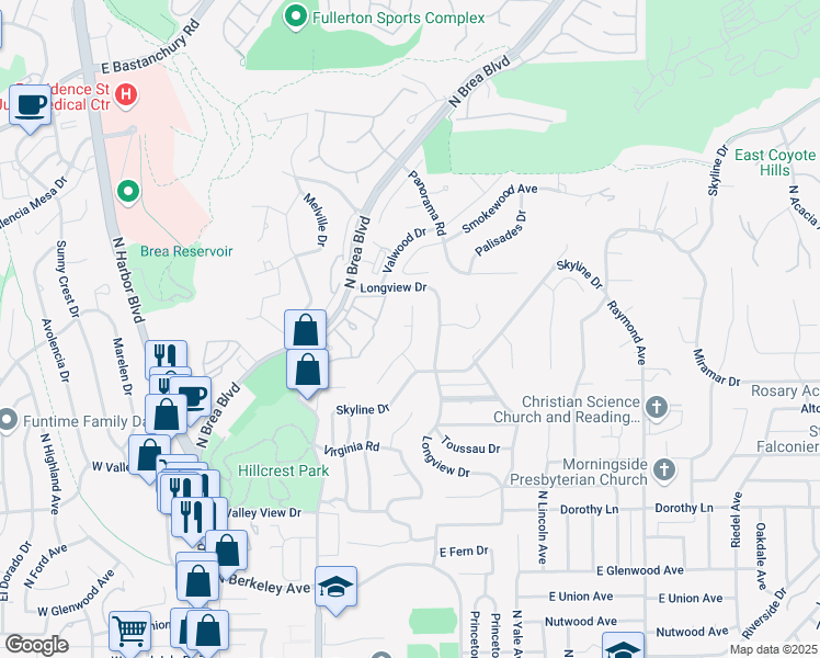 map of restaurants, bars, coffee shops, grocery stores, and more near 2306 Sheppard Drive in Fullerton
