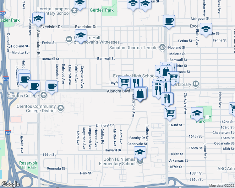 map of restaurants, bars, coffee shops, grocery stores, and more near 15929 Gard Avenue in Norwalk
