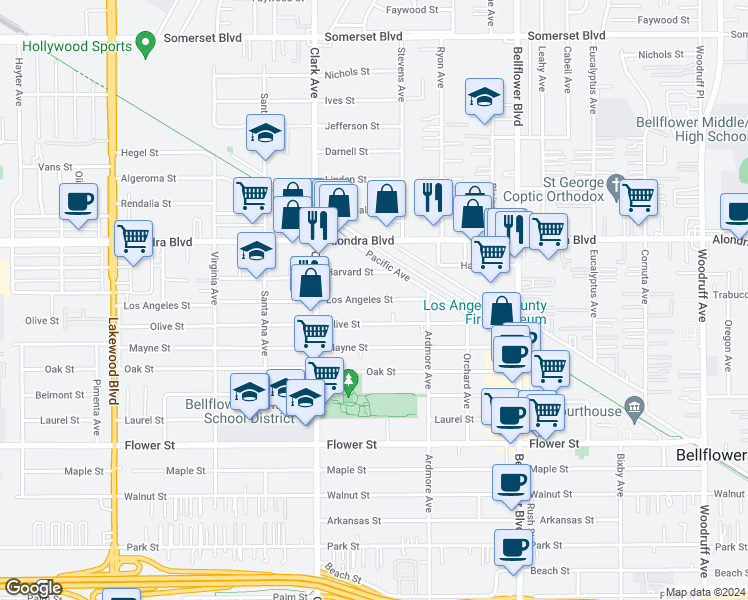 map of restaurants, bars, coffee shops, grocery stores, and more near 9519 Olive Street in Bellflower