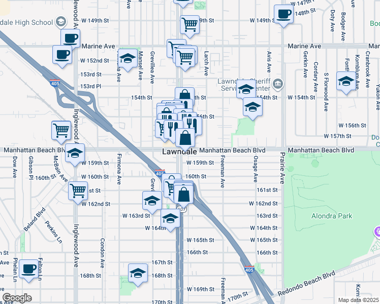 map of restaurants, bars, coffee shops, grocery stores, and more near 4335 West 159th Street in Lawndale