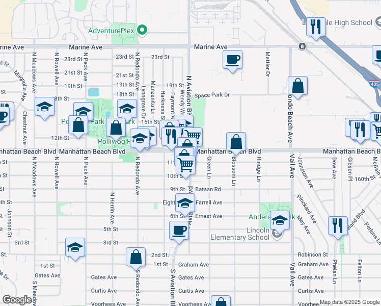map of restaurants, bars, coffee shops, grocery stores, and more near 1061 North Aviation Boulevard in Redondo Beach