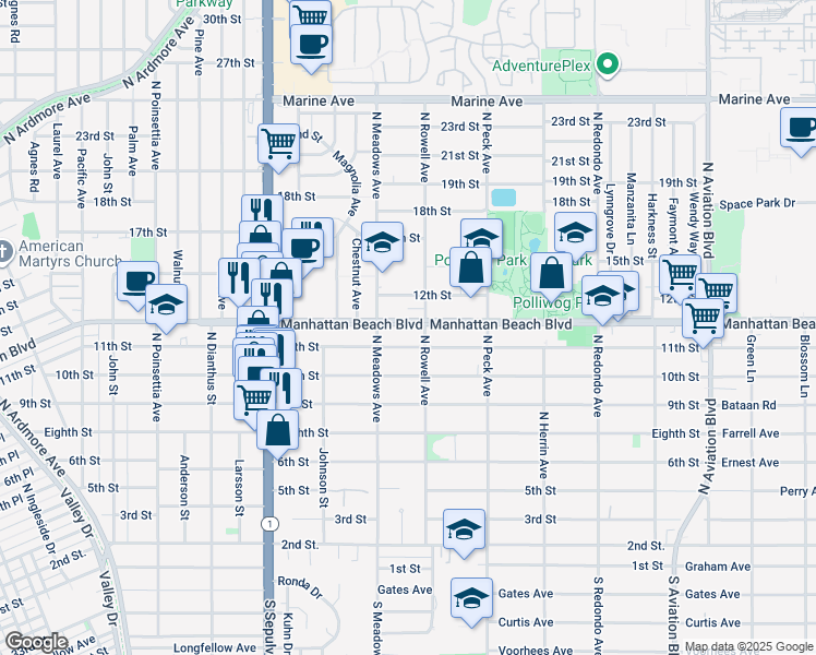map of restaurants, bars, coffee shops, grocery stores, and more near in Manhattan Beach