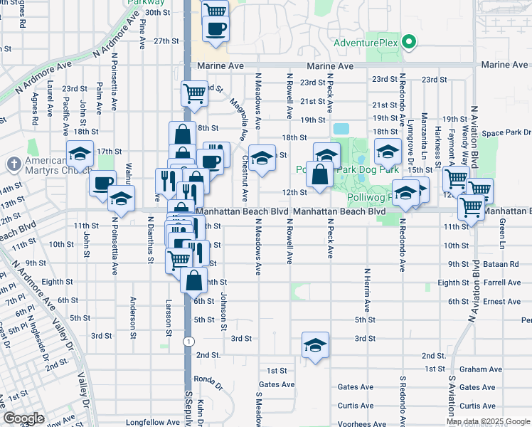 map of restaurants, bars, coffee shops, grocery stores, and more near 1250 11th Street in Manhattan Beach