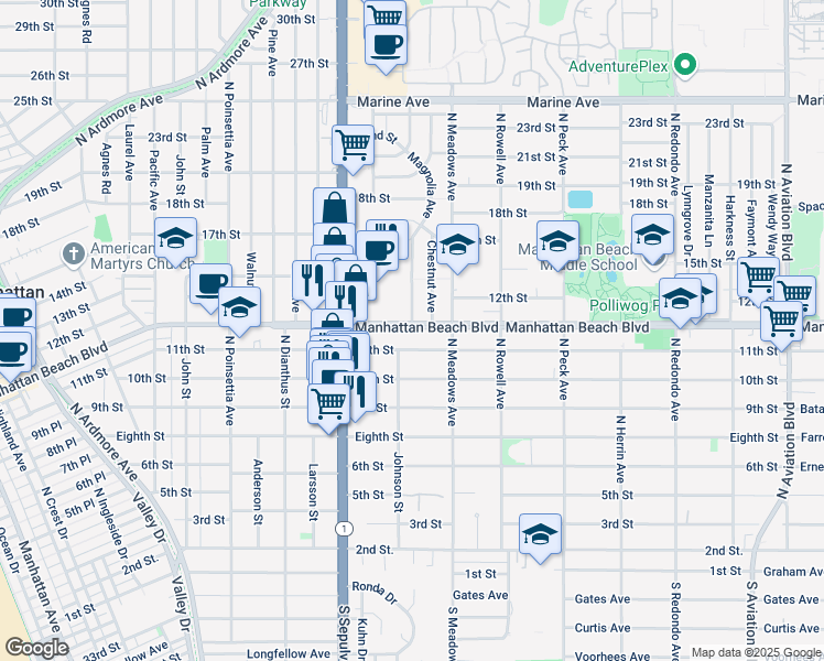 map of restaurants, bars, coffee shops, grocery stores, and more near 1206 11th Street in Manhattan Beach