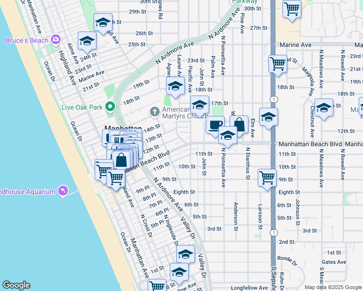 map of restaurants, bars, coffee shops, grocery stores, and more near 755 11th Street in Manhattan Beach