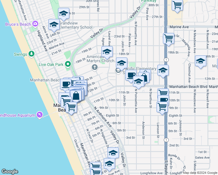 map of restaurants, bars, coffee shops, grocery stores, and more near 755 11th Street in Manhattan Beach