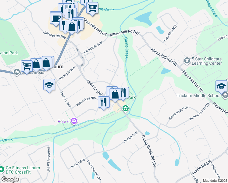map of restaurants, bars, coffee shops, grocery stores, and more near 96 Main Street Northwest in Lilburn