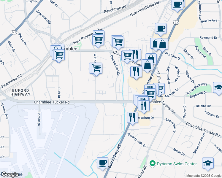 map of restaurants, bars, coffee shops, grocery stores, and more near 3200 Cumberland Drive in Atlanta