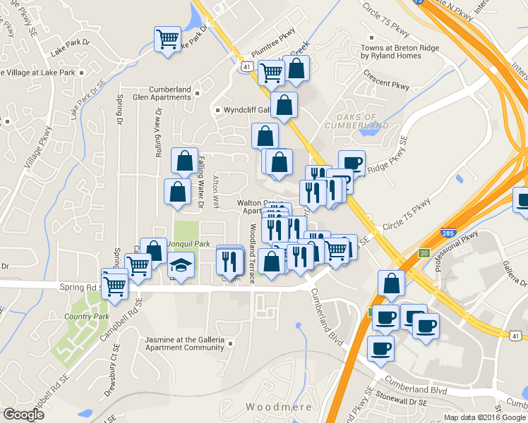 map of restaurants, bars, coffee shops, grocery stores, and more near 2731 Woodland Terrace in Smyrna