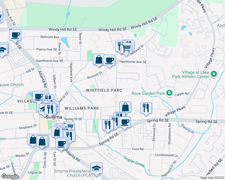map of restaurants, bars, coffee shops, grocery stores, and more near 2721 Mathews Street in Smyrna