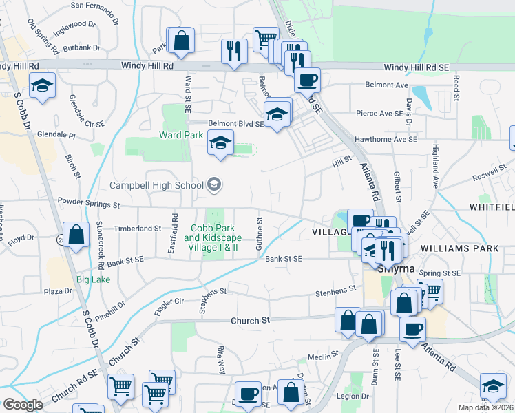 map of restaurants, bars, coffee shops, grocery stores, and more near 1041 Powder Springs Street in Smyrna