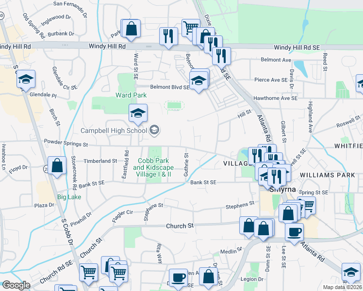 map of restaurants, bars, coffee shops, grocery stores, and more near 1031 Powder Springs Street in Smyrna