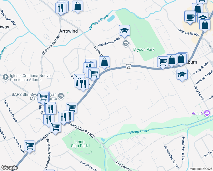 map of restaurants, bars, coffee shops, grocery stores, and more near 450 Rockfern Court in Lilburn
