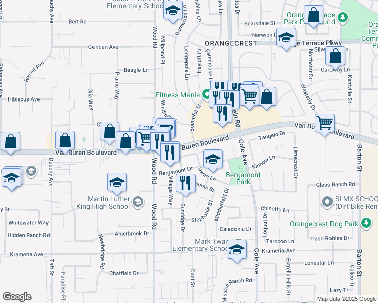 map of restaurants, bars, coffee shops, grocery stores, and more near 19126 Marmalade Court in Riverside