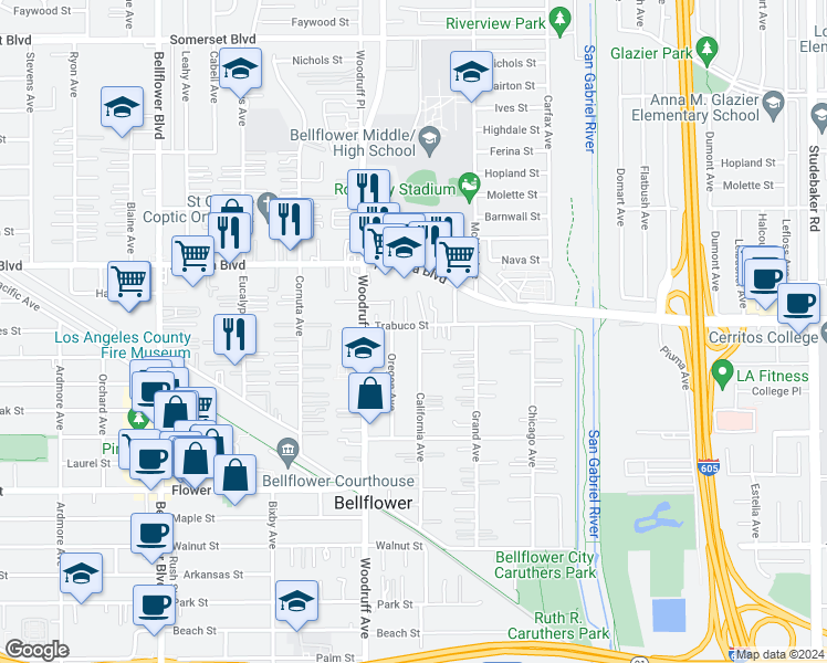 map of restaurants, bars, coffee shops, grocery stores, and more near 10254 Trabuco Street in Bellflower