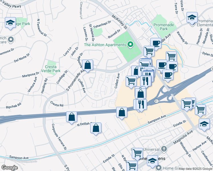 map of restaurants, bars, coffee shops, grocery stores, and more near 451 Wellesley Drive in Corona