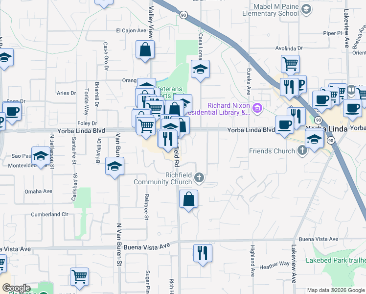 map of restaurants, bars, coffee shops, grocery stores, and more near 5086 Burgundy Lane in Yorba Linda