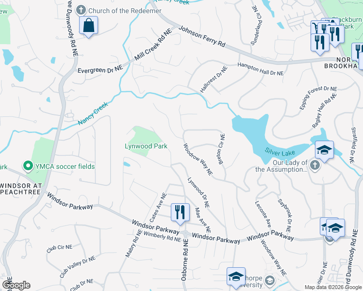 map of restaurants, bars, coffee shops, grocery stores, and more near 3362 Woodrow Way Northeast in Atlanta