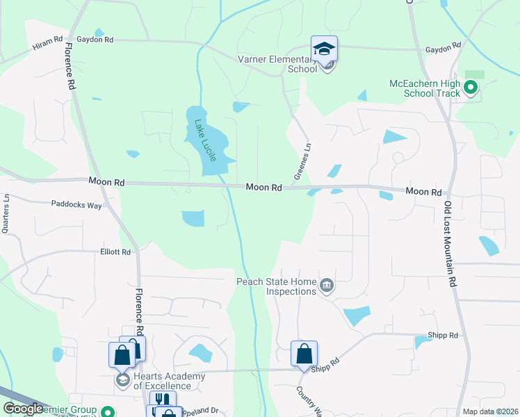 map of restaurants, bars, coffee shops, grocery stores, and more near 4915 Moon Road in Powder Springs