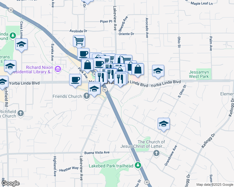 map of restaurants, bars, coffee shops, grocery stores, and more near 5130 Lakeview Avenue in Yorba Linda