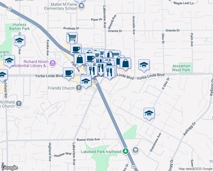 map of restaurants, bars, coffee shops, grocery stores, and more near 5056 Lakeview Avenue in Yorba Linda