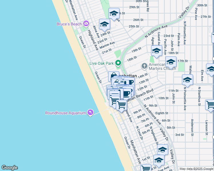 map of restaurants, bars, coffee shops, grocery stores, and more near 203 15th Street in Manhattan Beach