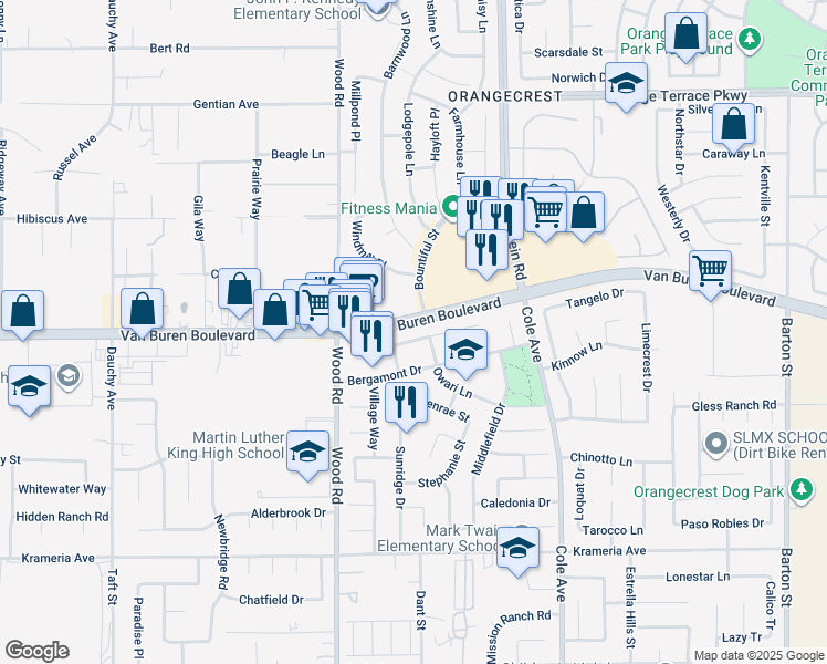 map of restaurants, bars, coffee shops, grocery stores, and more near 19126 Marmalade Court in Riverside