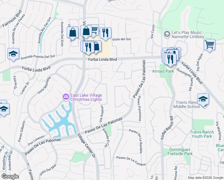 map of restaurants, bars, coffee shops, grocery stores, and more near 5099 Vista Del Amigo in Yorba Linda