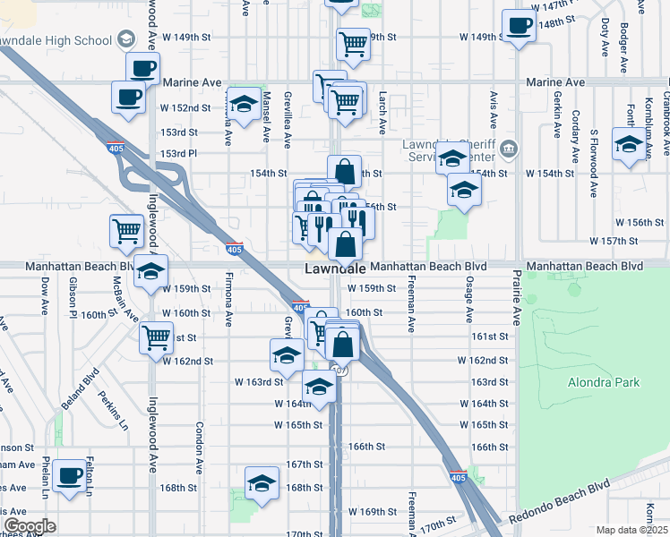 map of restaurants, bars, coffee shops, grocery stores, and more near 4623 West 147th Street in Lawndale
