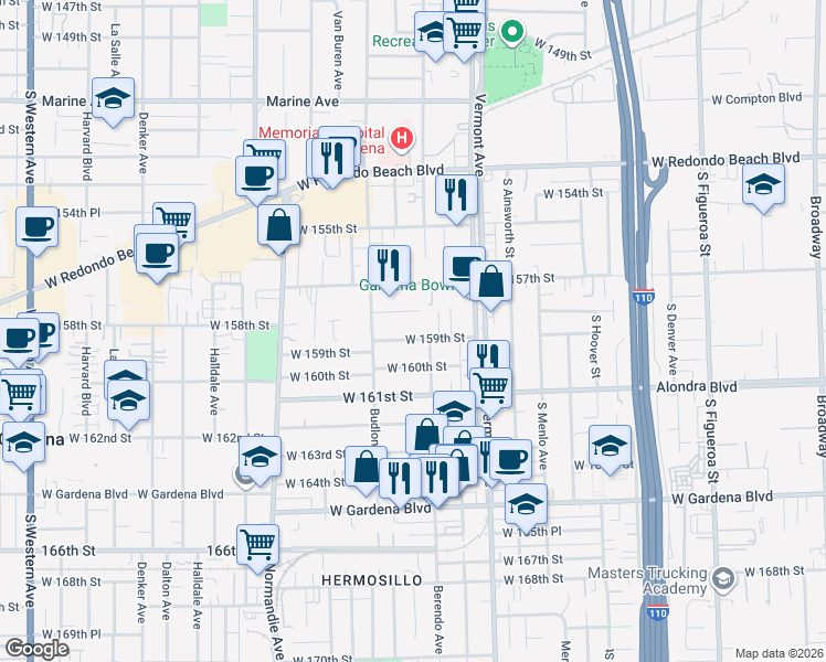 map of restaurants, bars, coffee shops, grocery stores, and more near 1127 West 160th Street in Gardena