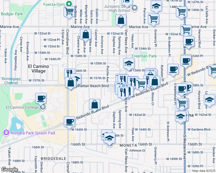 map of restaurants, bars, coffee shops, grocery stores, and more near 15804 Crest Lane in Gardena