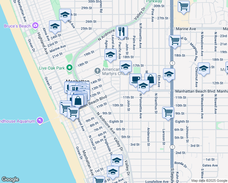 map of restaurants, bars, coffee shops, grocery stores, and more near 753 Manhattan Beach Boulevard in Manhattan Beach