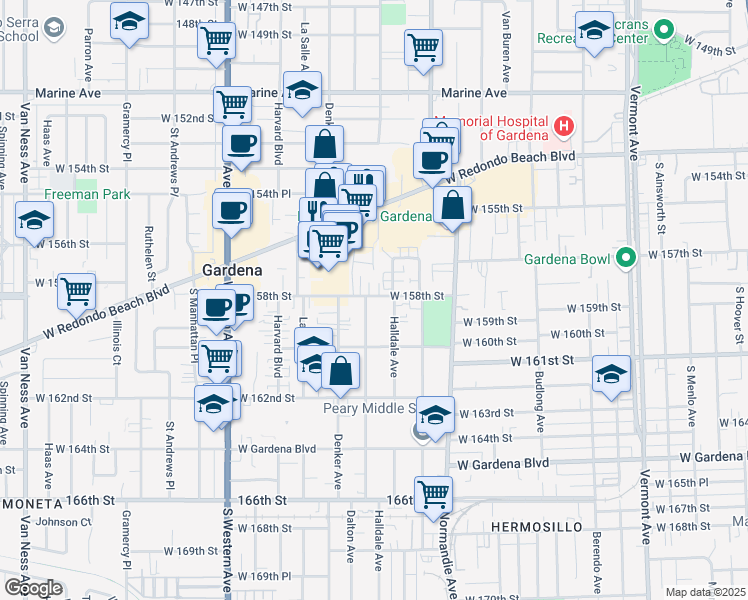 map of restaurants, bars, coffee shops, grocery stores, and more near 15804 Dalton Avenue in Gardena