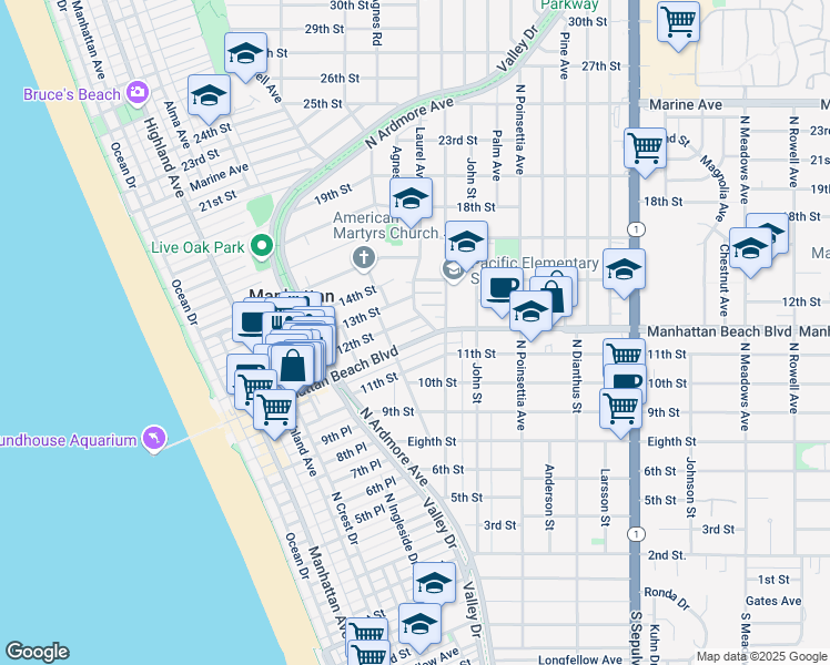 map of restaurants, bars, coffee shops, grocery stores, and more near 740 Center Place in Manhattan Beach