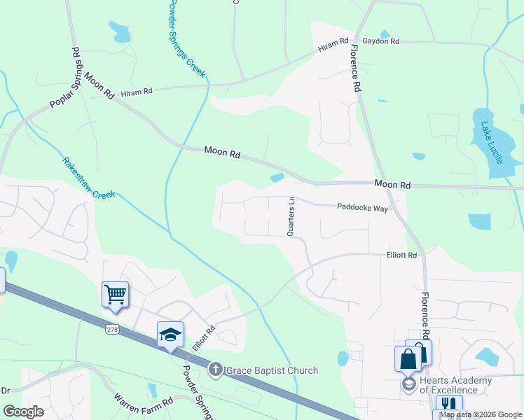 map of restaurants, bars, coffee shops, grocery stores, and more near 1412 Paddocks Way in Powder Springs