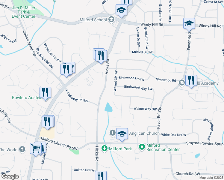 map of restaurants, bars, coffee shops, grocery stores, and more near 860 Walnut Circle Southwest in Marietta