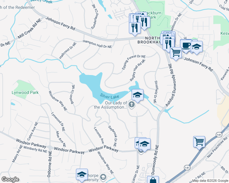 map of restaurants, bars, coffee shops, grocery stores, and more near 1366 Ragley Hall Road Northeast in Atlanta