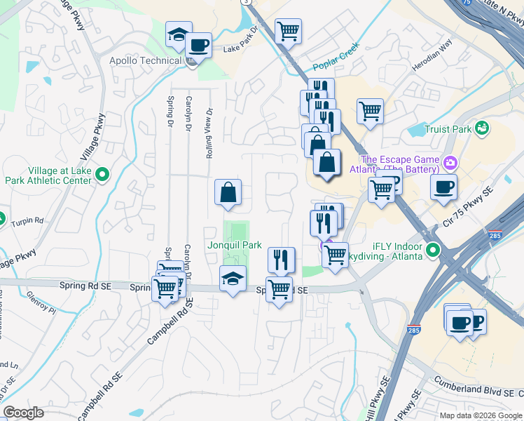 map of restaurants, bars, coffee shops, grocery stores, and more near 2028 Oakley Trace in Smyrna