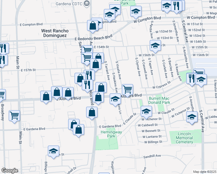 map of restaurants, bars, coffee shops, grocery stores, and more near 15743 South Tarrant Avenue in Compton