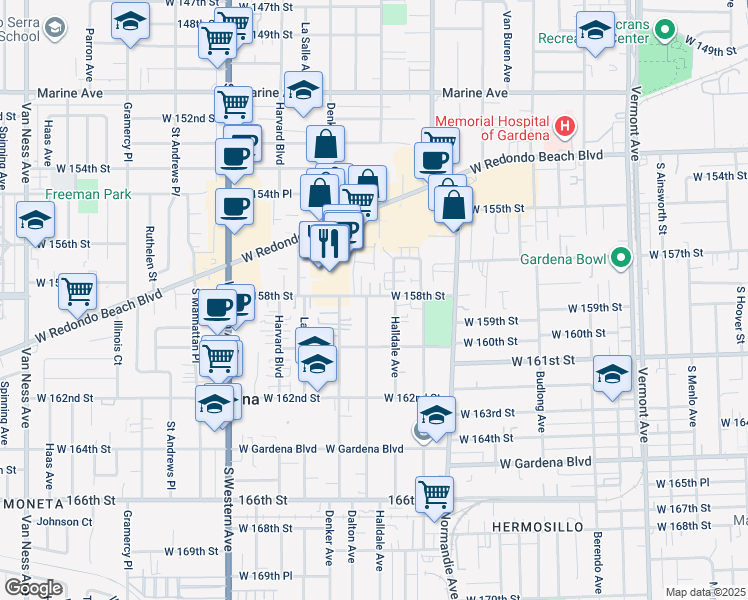 map of restaurants, bars, coffee shops, grocery stores, and more near 15804 Dalton Avenue in Gardena
