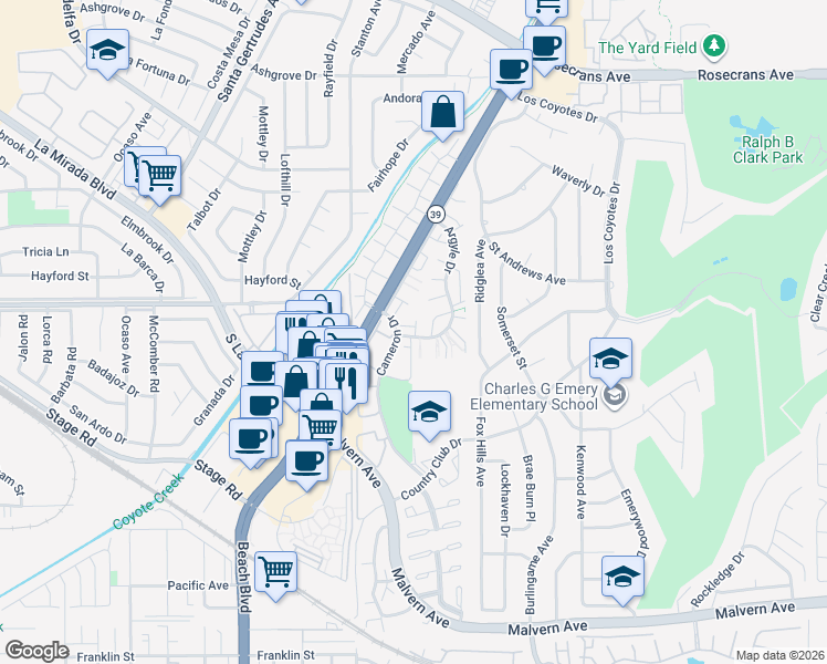 map of restaurants, bars, coffee shops, grocery stores, and more near 5111 Argyle Drive in Buena Park