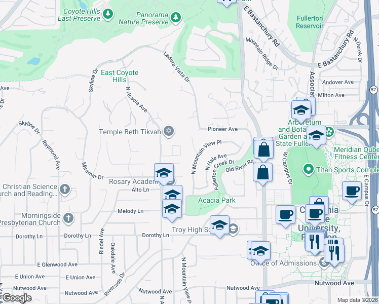 map of restaurants, bars, coffee shops, grocery stores, and more near 1928 Dana Place in Fullerton