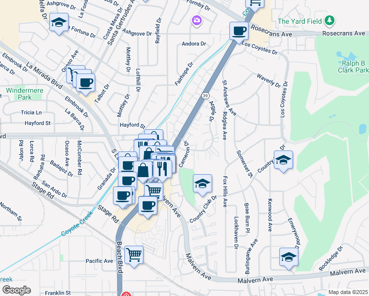map of restaurants, bars, coffee shops, grocery stores, and more near 5565 Muir Drive in Buena Park