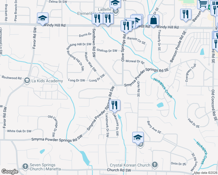 map of restaurants, bars, coffee shops, grocery stores, and more near 2666 Sandtown Road Southwest in Marietta