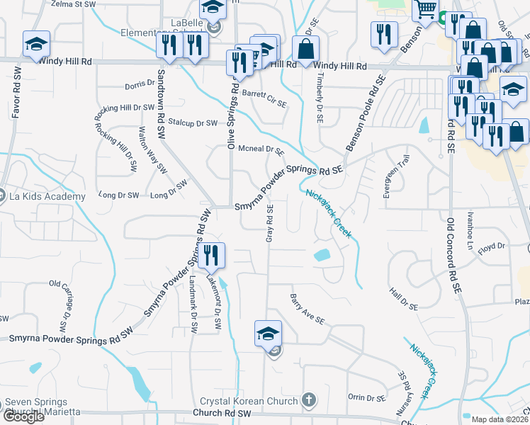 map of restaurants, bars, coffee shops, grocery stores, and more near 2710 Gray Road in Smyrna